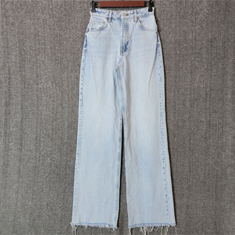 ZARA Jeans Womens 2 Blue Marine Straight Wide Leg High Waist Raw Hem